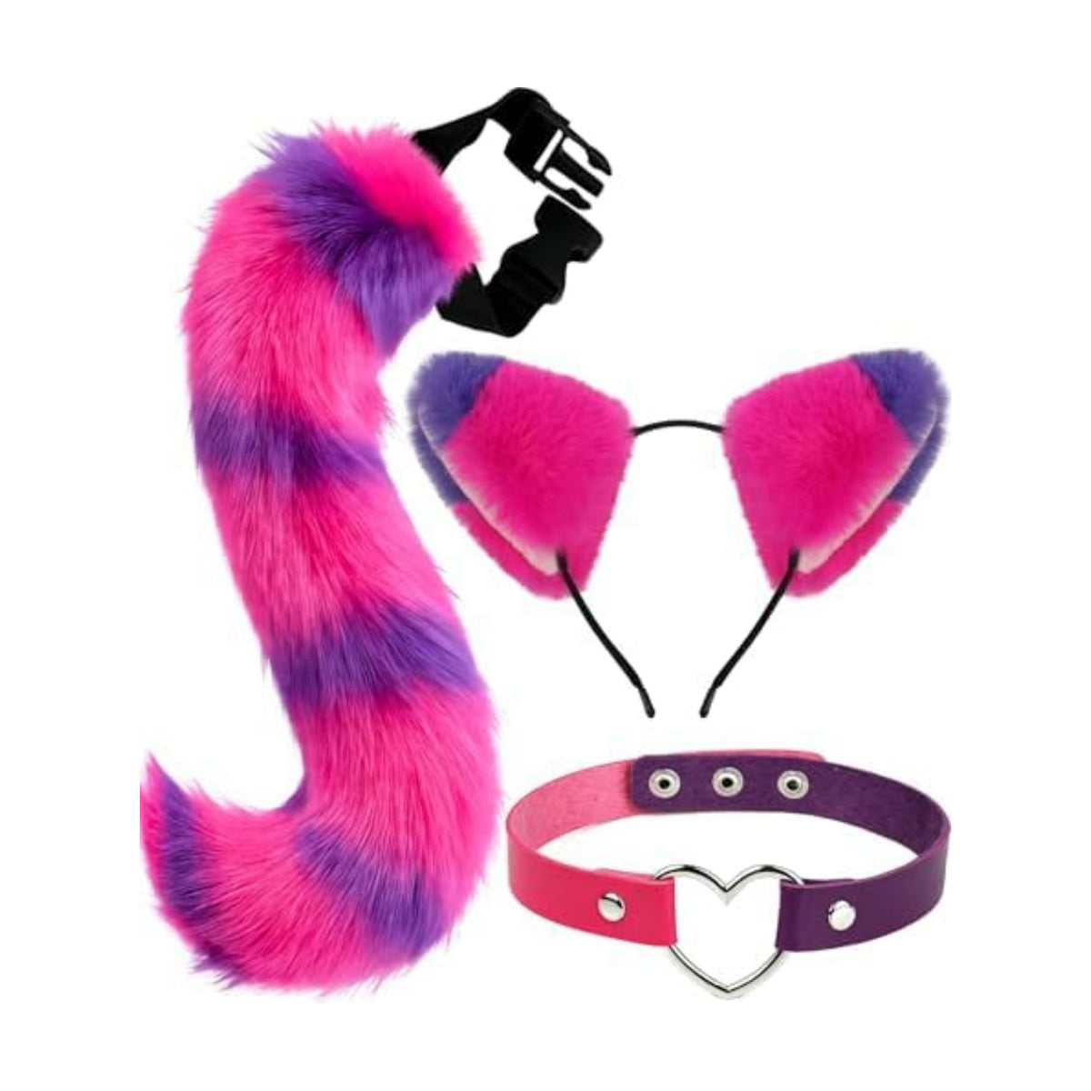 Cat Ears and Tail,Wolf Fox Ears Long Tail and Bell Lace Choker Set for Halloween,Animal Cosplay Party Costume
