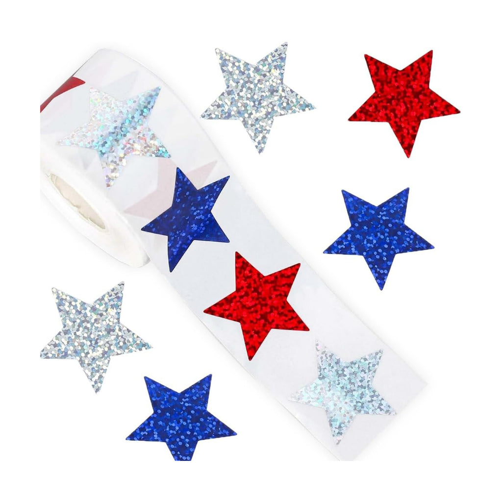 500 Pcs Christmas Stickers Roll 1In Star Sticker Xmas Red White and Blue Laser Glitter Patriotic Star Label for Independence Day Memorial Day Reward Envelope Journal Decor