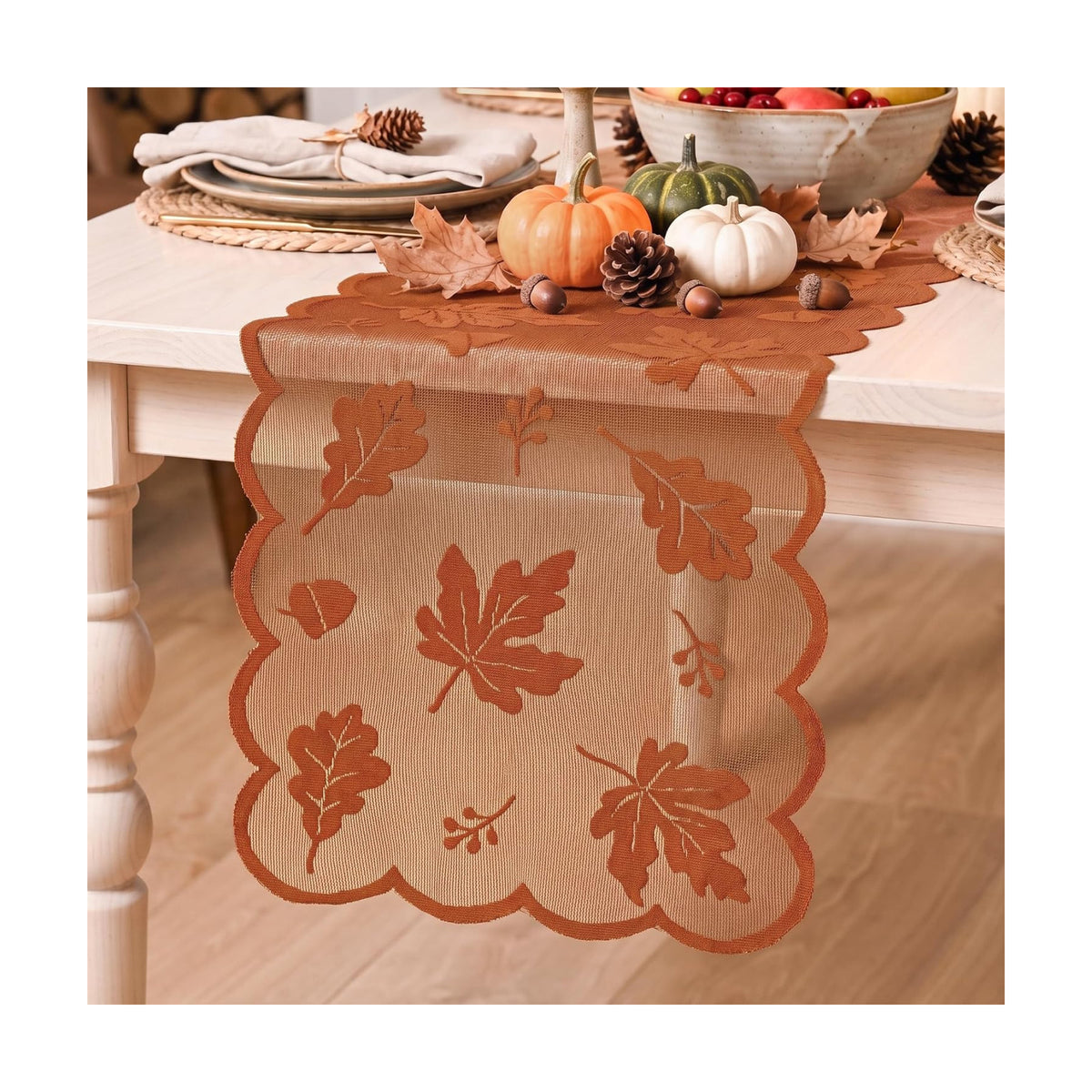 Artoid Mode Lace Jacquard Maple Leaf Fall Table Runner, Seasonal Thanksgiving Orange Kitchen Dining Table Decoration for Home Party Decor 13x72 Inch