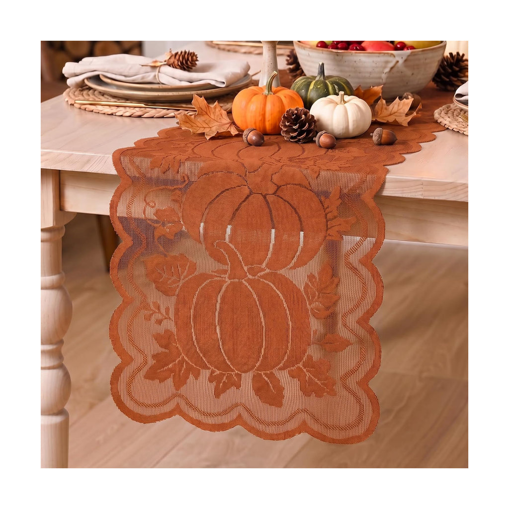 Artoid Mode Lace Jacquard Pumpkin Leaf Fall Table Runner, Seasonal Thanksgiving Autumn Kitchen Dining Table Decoration for Home Party Decor 13x72 Inch