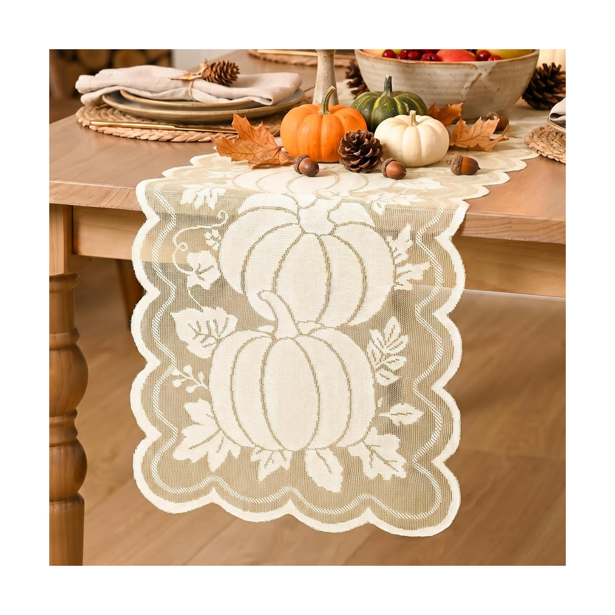 Artoid Mode Beige Lace Jacquard Pumpkin Leaf Fall Table Runner, Seasonal Thanksgiving Autumn Kitchen Dining Table Decoration for Home Party Decor 13x72 Inch