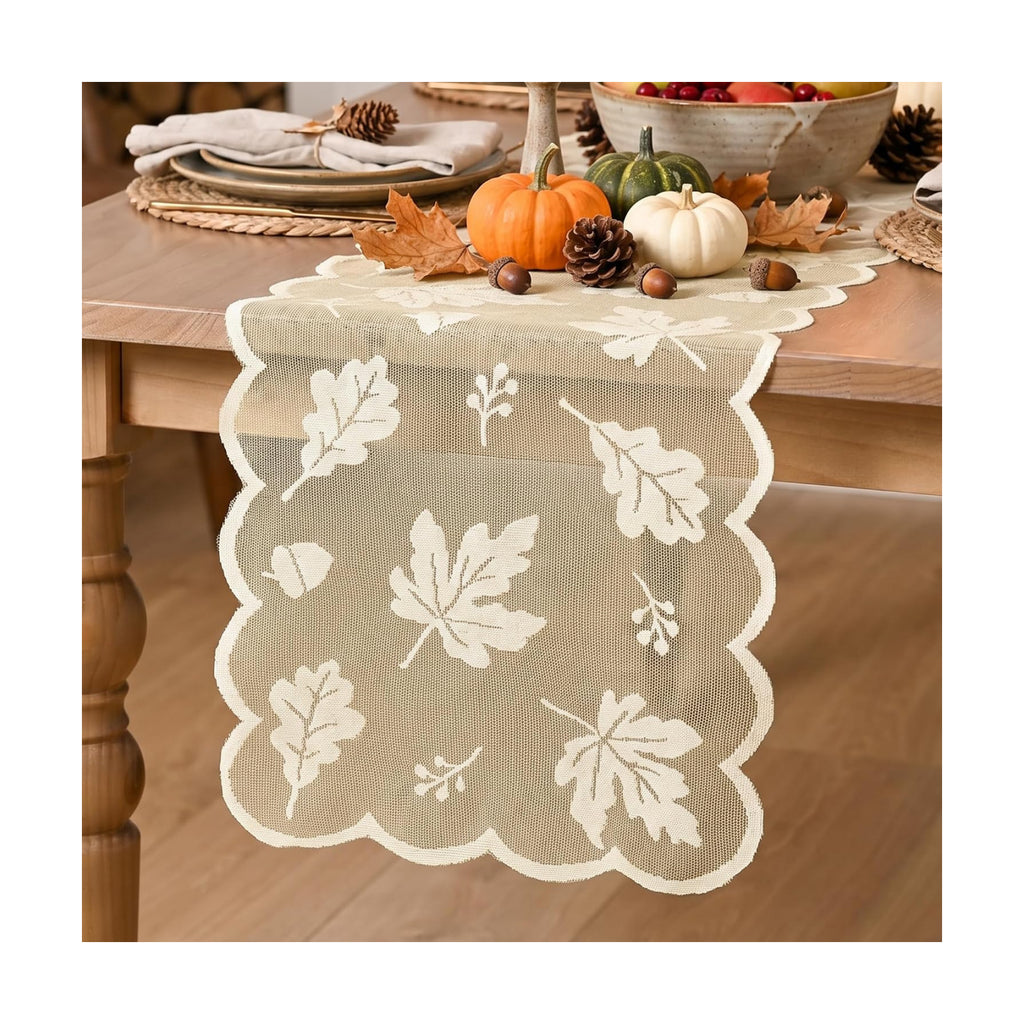 Artoid Mode Beige Lace Jacquard Maple Leaf Fall Table Runner, Seasonal Thanksgiving Orange Kitchen Dining Table Decoration for Home Party Decor 13x72 Inch