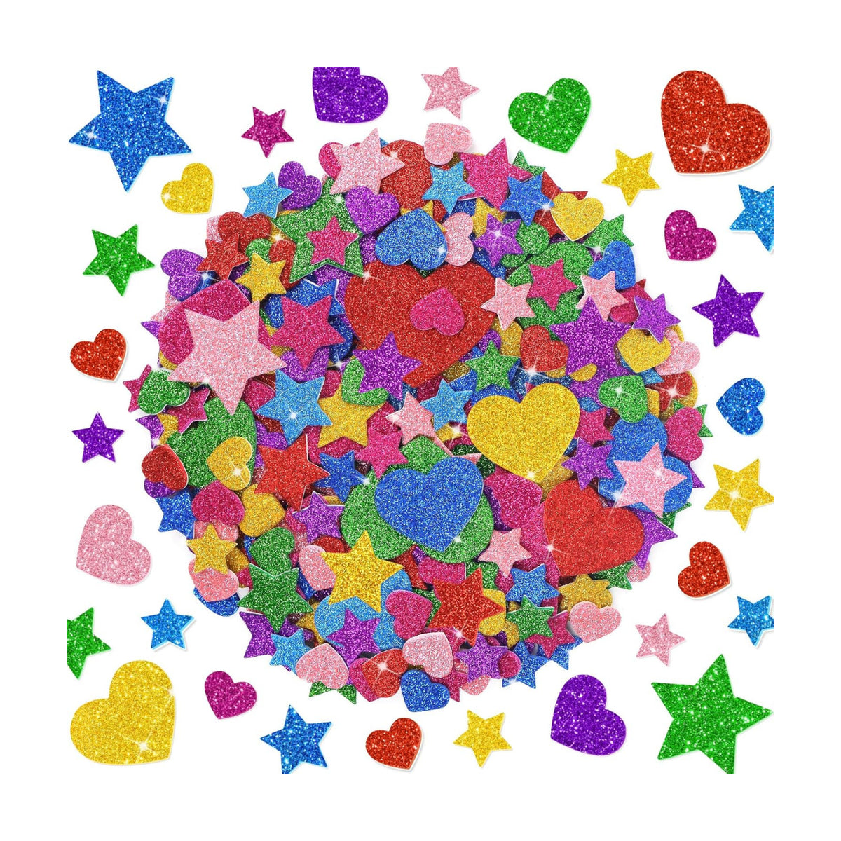 1000 PCS Glitter Foam Stickers, Foam Heart and Star Stickers, 8 Colors