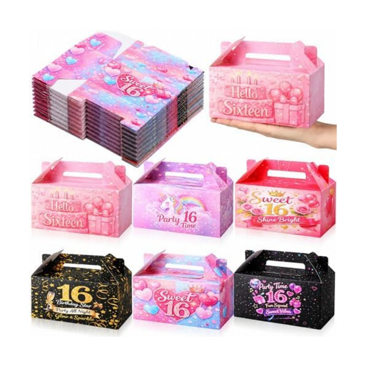 Zhanmai 36 Pack Sweet 16 Party Treat Box Happy 16 Year Old 16th Birthday Goodie Boxes Hello Sixteen Gift Containers with Handles, Decorative Cardboard Goodie Boxes for Cookies Cupcakes Candy