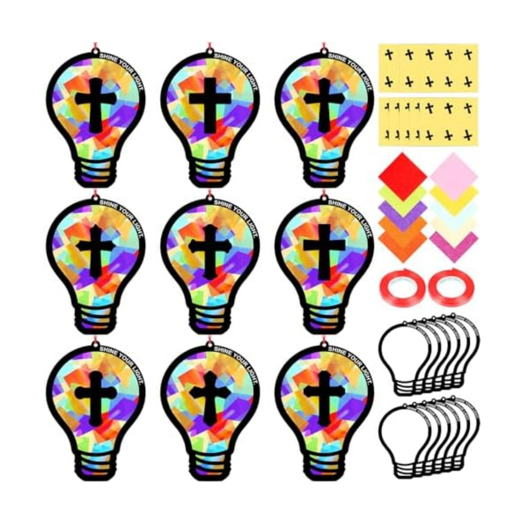 Renbuzhu 48PCS Sunday School VBS Crafts Bulk: Paper Lightbulb Cross Nativity Suncatchers, Jesus Religious Christian Activity DIY Kits Church Decorations, Window Stained Glass Effect Art Supplies