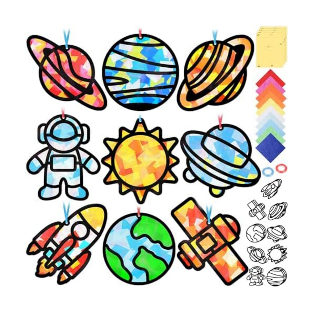 Renbuzhu 48PCS Solar System Space Paper Suncatchers DIY Project Kits, Back to School Window Stained Glass Effect Art Supplies for Party