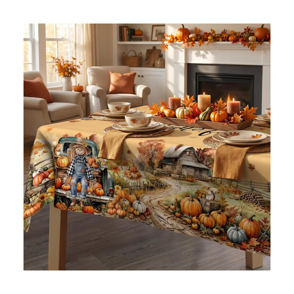 Fall Tablecloth 60×104 Inch, Fall Harvest Decorations for Home Table Cloth Rectangle, Truck Scarecrow Pumpkin Decor Washable Seasonal Autumn Thanksgiving Tablecloths Polyester for Picnic Party Dinner