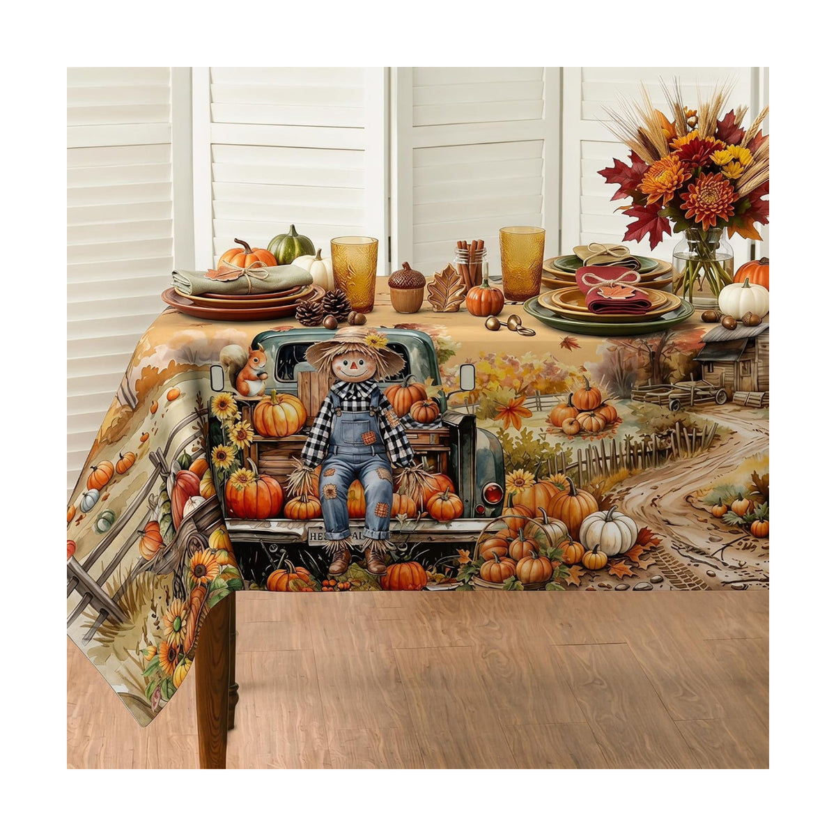 Fall Tablecloth 60×84 Inch, Fall Harvest Decorations for Home Table Cloth Rectangle, Truck Scarecrow Pumpkin Decor Washable Seasonal Autumn Thanksgiving Tablecloths Polyester for Picnic Party Dinner