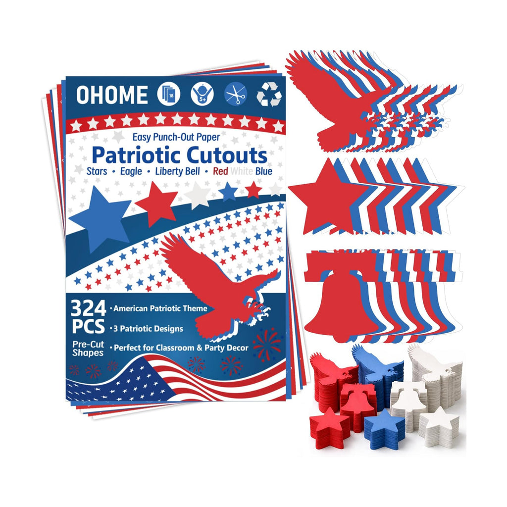 4th of July Decorations - 324 PCS Red White Blue Paper Star Eagle Liberty Bell Shape Cutouts Pre-Cut Set - Fourth of July Accessories, Patriotic Party Supplies Decor,250th Anniversary USA Merchandise