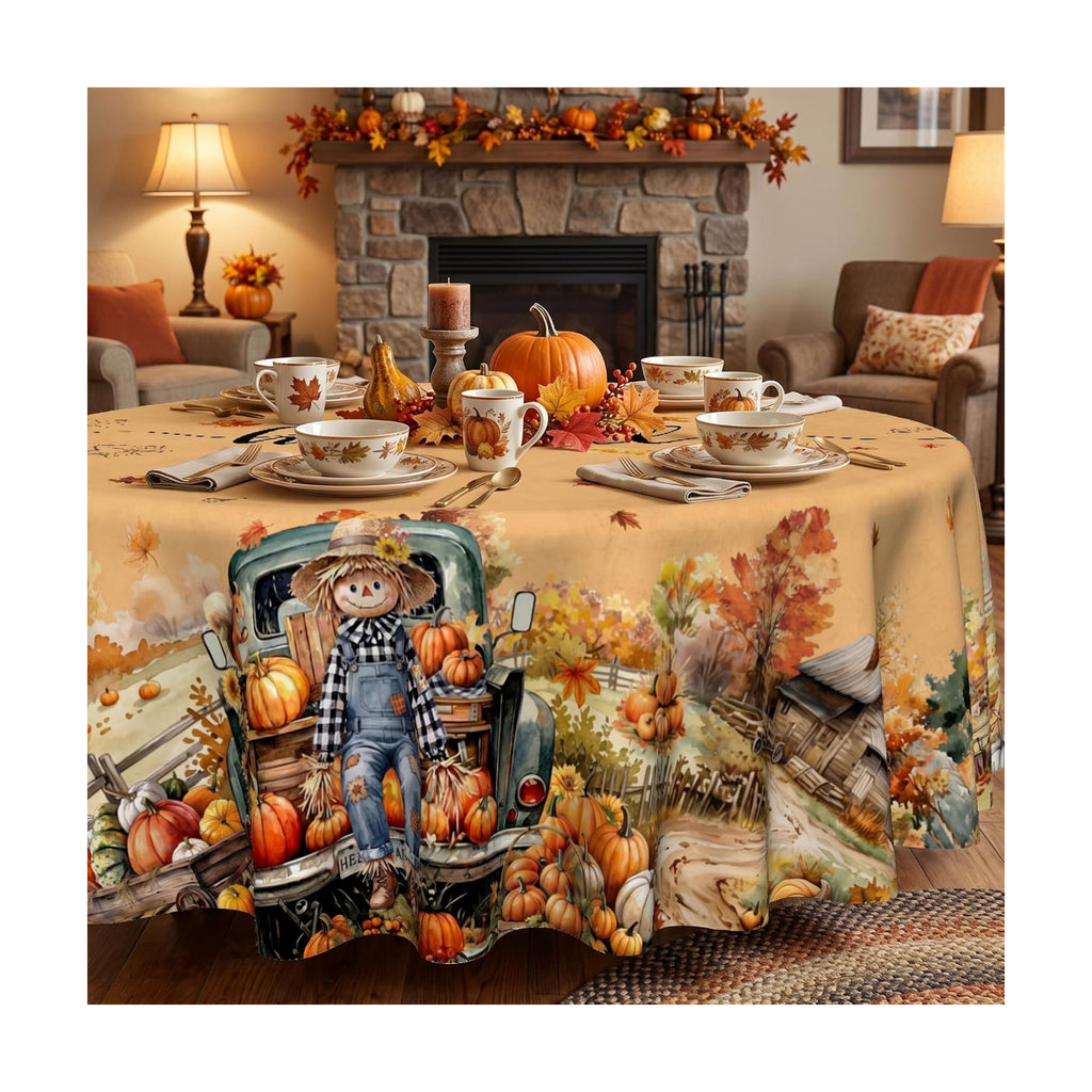 Fall Tablecloth 70Inch Round, Fall Harvest Decorations for Home Table Cloth, Truck Scarecrow Pumpkin Decor Washablae Seasonal Autumn Thanksgiving Tablecloths Polyester for Picnic Party Dinner