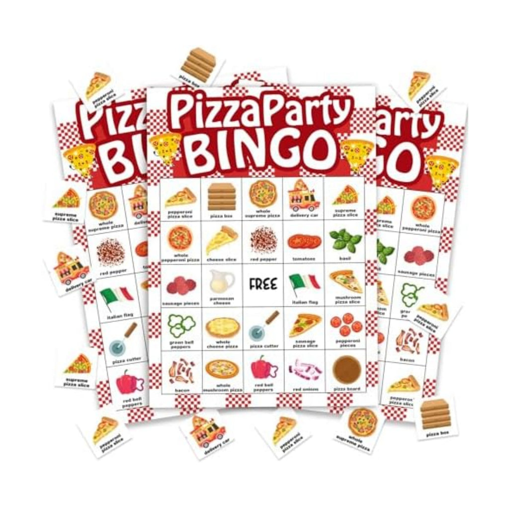 Pizza Bingo Games for Partys, 24 Players Pizza Party Time Bingo Cards, Fun Birthday Party Game for Family, Large Group Holiday Party Activities Supplies