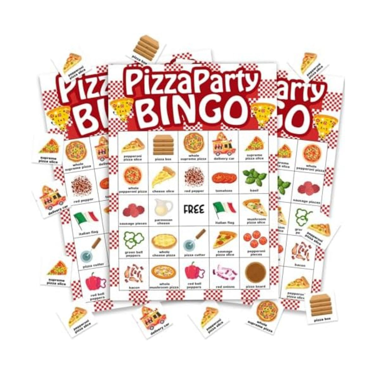 Pizza Bingo Games for Partys, 24 Players Pizza Party Time Bingo Cards, Fun Birthday Party Game for Family, Large Group Holiday Party Activities Supplies