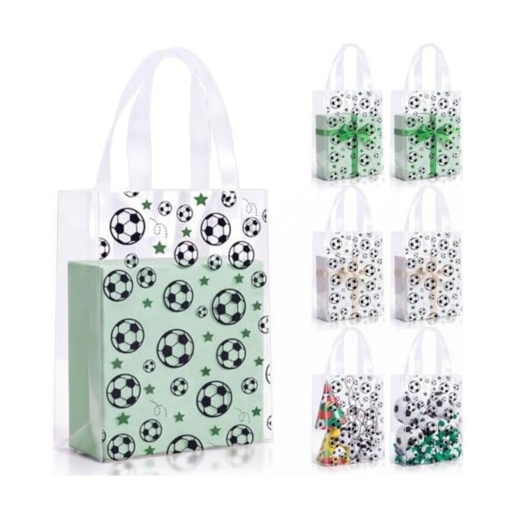 Pajean 12 Pcs Soccer Theme Plastic Gift Bags with Handles, 5.9 x 8.7 x 3.1 Inch Football PE Treat Bags, Black and White Candy Goodie Pouches for Classroom Exchange, Party Favor, Sports Event Supplies
