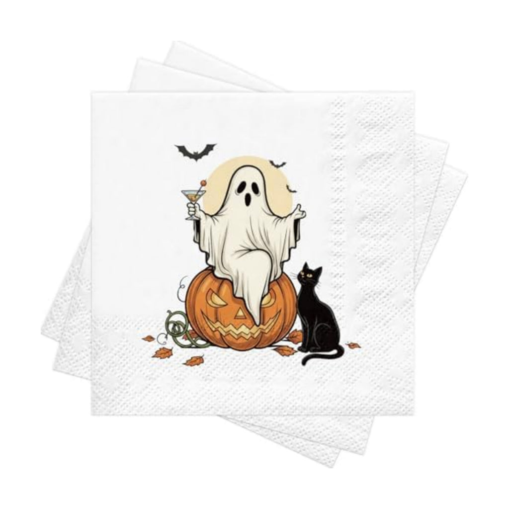 RUSPEPA 25 Pcs Halloween Ghost Napkin Paper, 3 Ply Cute Ghost Pumpkin and Black Cat Design Disposable Cocktail Napkins for Halloween Party, Spooky Table Decor, Birthday, 5 x 5 Inch