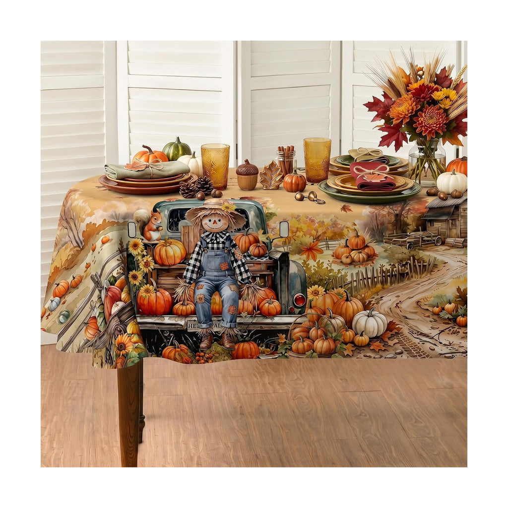 Fall Tablecloth 60×84 Inch Oval, Fall Harvest Decorations for Home Table Cloth, Truck Scarecrow Pumpkin Decor Washable Seasonal Autumn Thanksgiving Tablecloths Polyester for Picnic Party Dinner