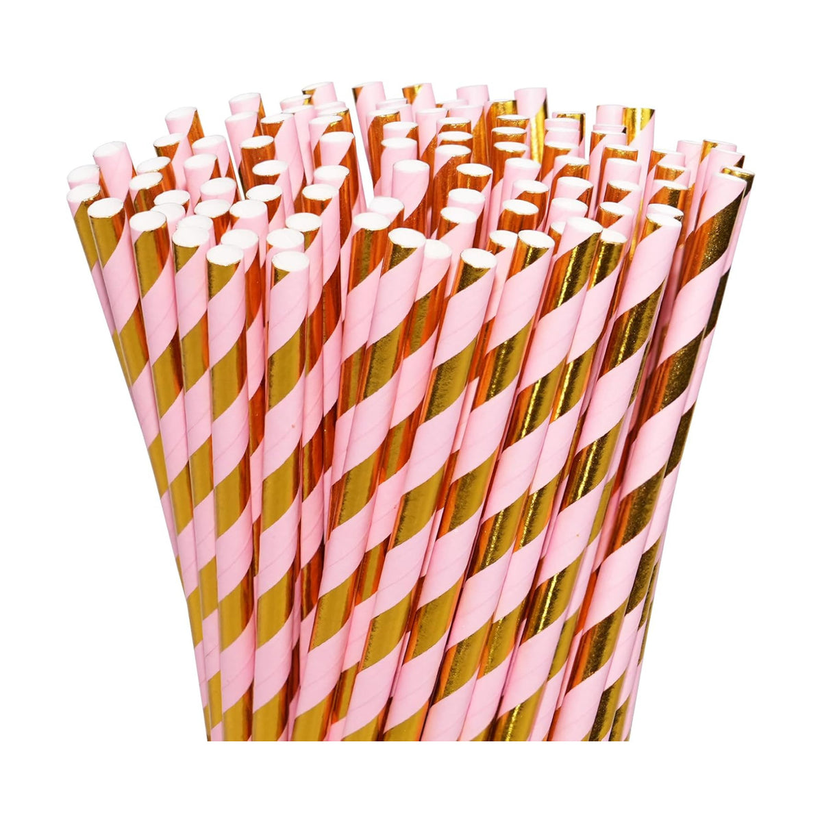 100 Count Pink Gold Striped Paper Straws, Biodegradable Drinking Straw for Weddings, Birthdays, Graduations and Party Decorations (7.75" x 0.24")