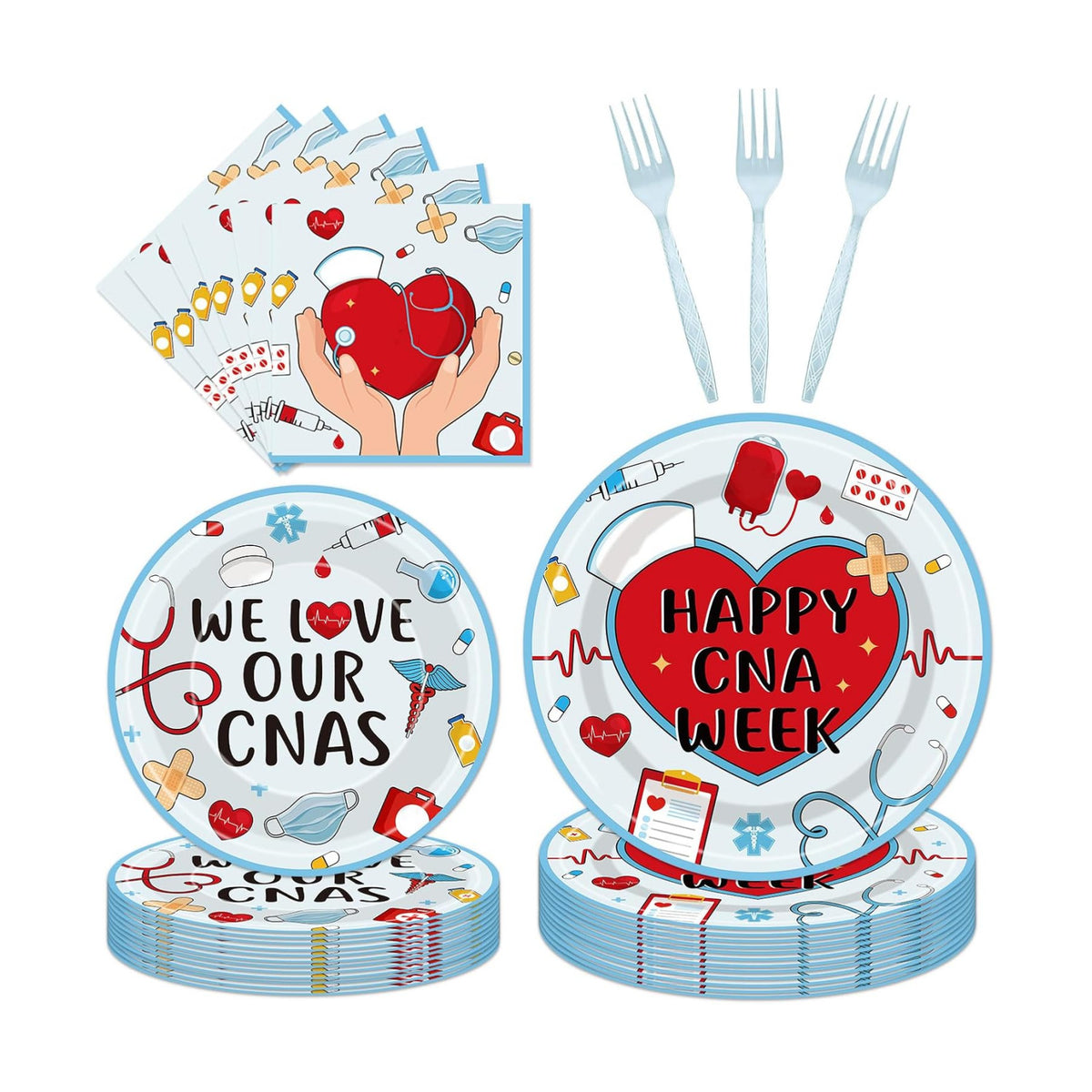 EUOYUFO 96Pcs Happy CNA Week Paper Plates Napkins Forks CNA Week Party Tableware for National Caregivers Day Appreciation We Love Our CNAS Theme Supplies Serve 24 Guests