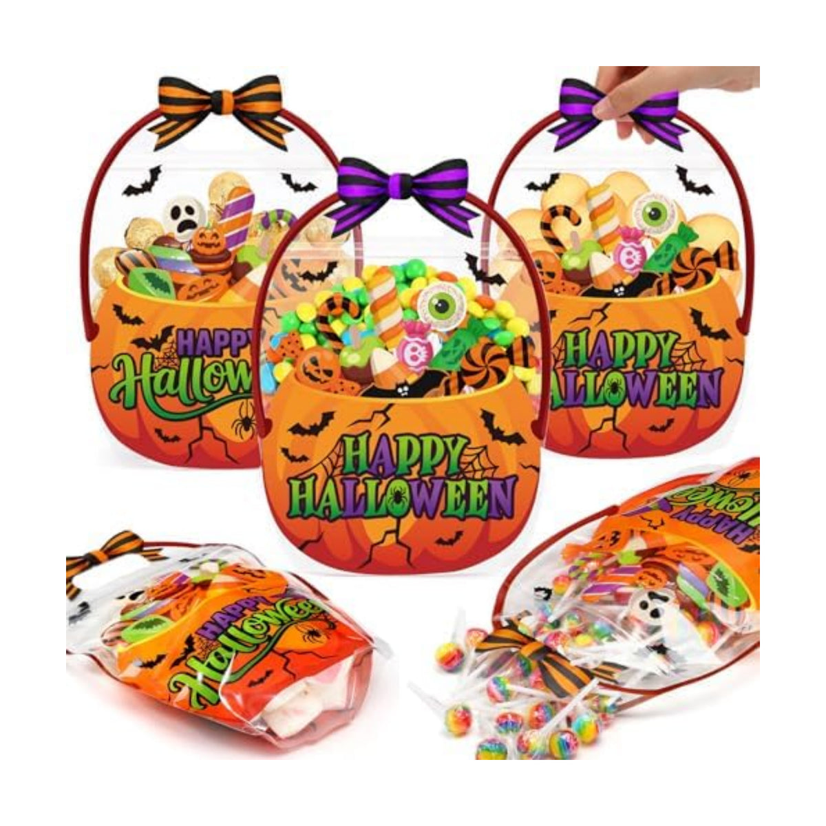 Fuutreo 25 Pcs Halloween Treat Bags with Handles, Horror Candy Plastic