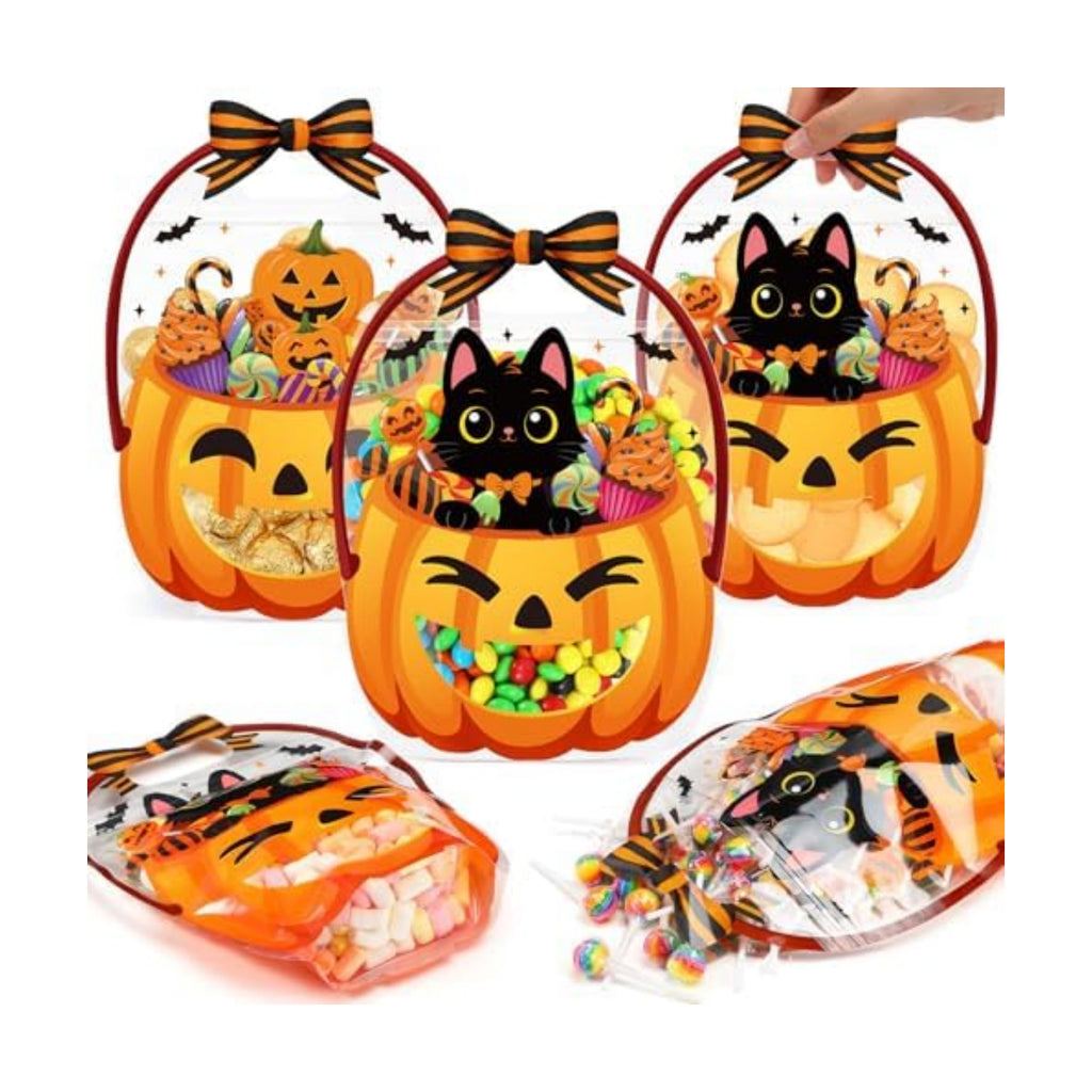 Fuutreo 25 Pcs Halloween Treat Bags with Handles, Black Cat Plastic