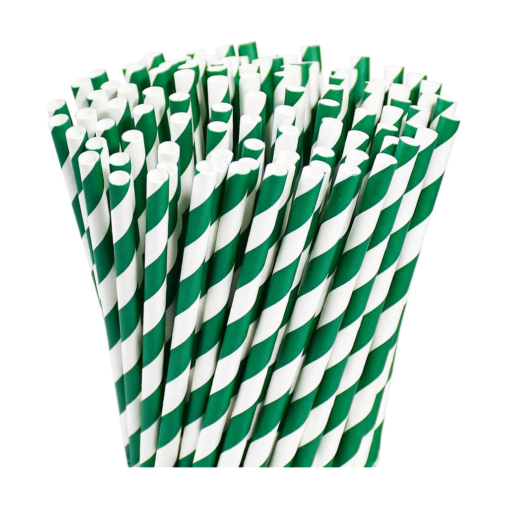 7.75" Green Straws, Green and White Striped Drinking Straws Disposable 100