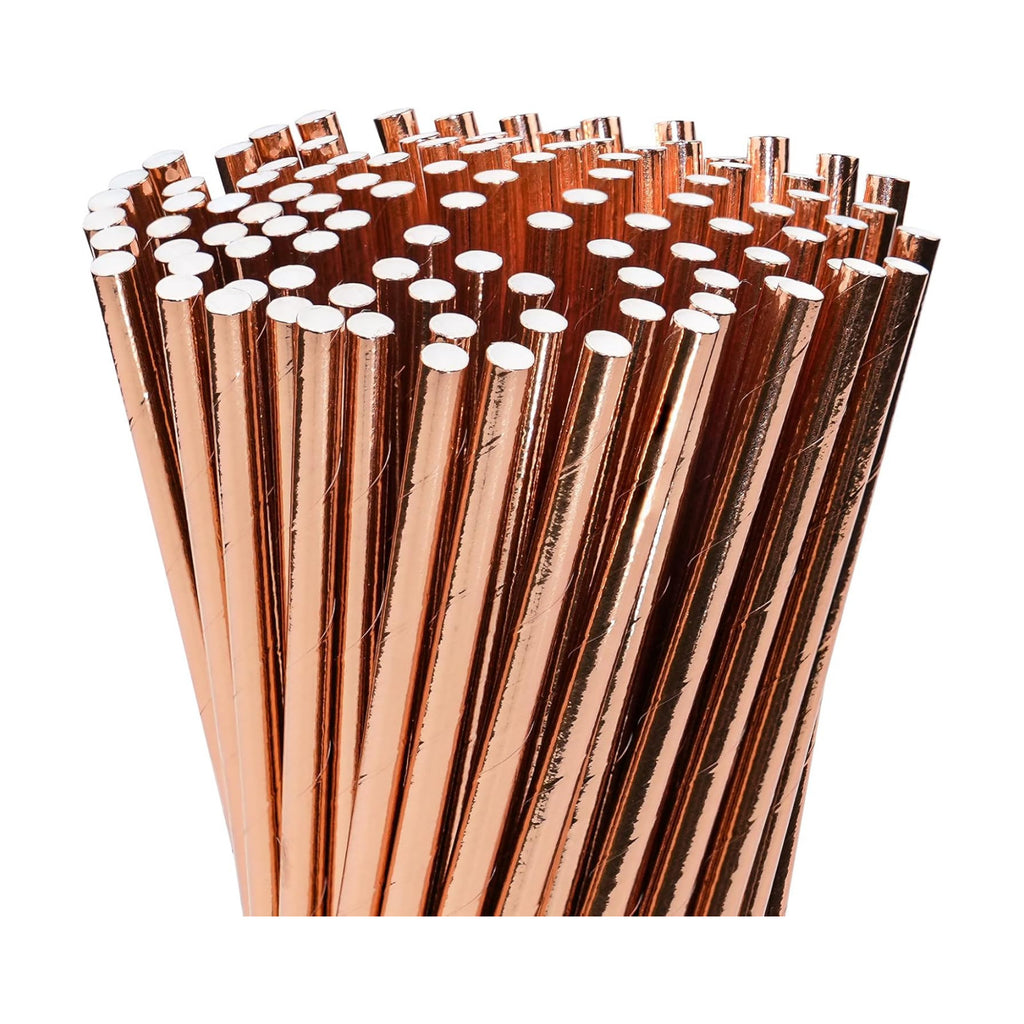 [100 Pack] Lives on Green Rose Gold Biodegradable Paper Drinking Straws, Disposable Party Straws for Birthday, Weddings, Cocktail Parties & Decorations (7.75'' x 0.24'')