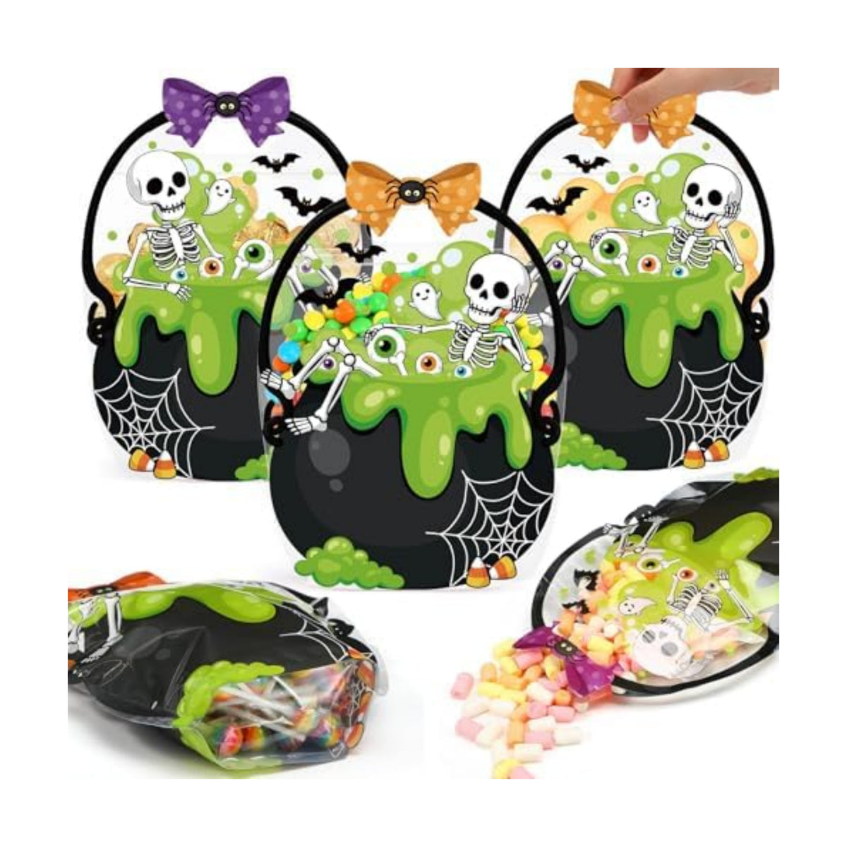 Fuutreo 25 Pcs Halloween Treat Bags with Handles, Skeleton Plastic
