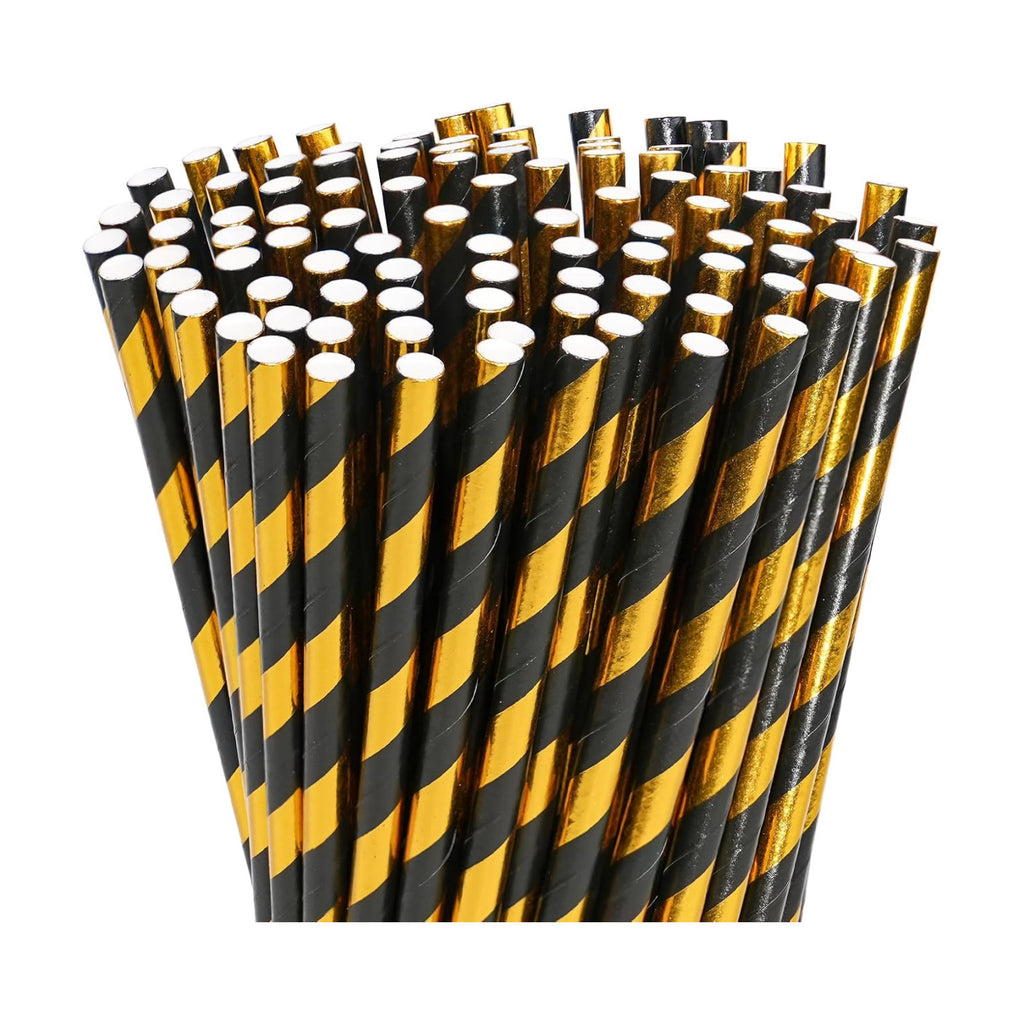 100 Black Gold Striped Paper Drinking Straws – 7.75 inch Disposable Drinking Straws for Cocktail, Halloween, Christmas, Party Supplies & Decorations