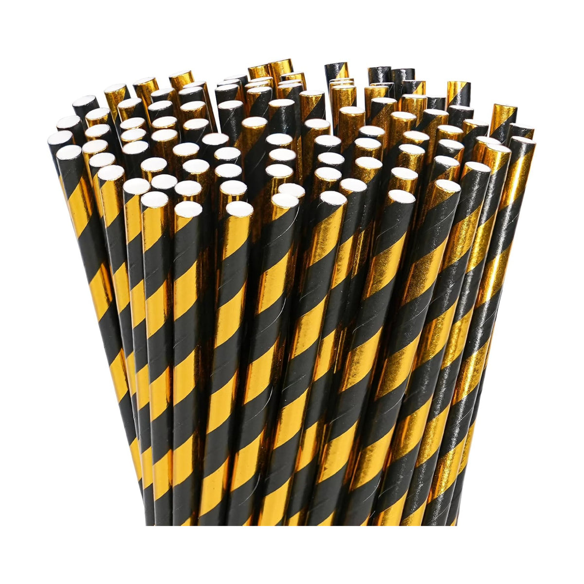 100 Black Gold Striped Paper Drinking Straws – 7.75 inch Disposable Drinking Straws for Cocktail, Halloween, Christmas, Party Supplies & Decorations