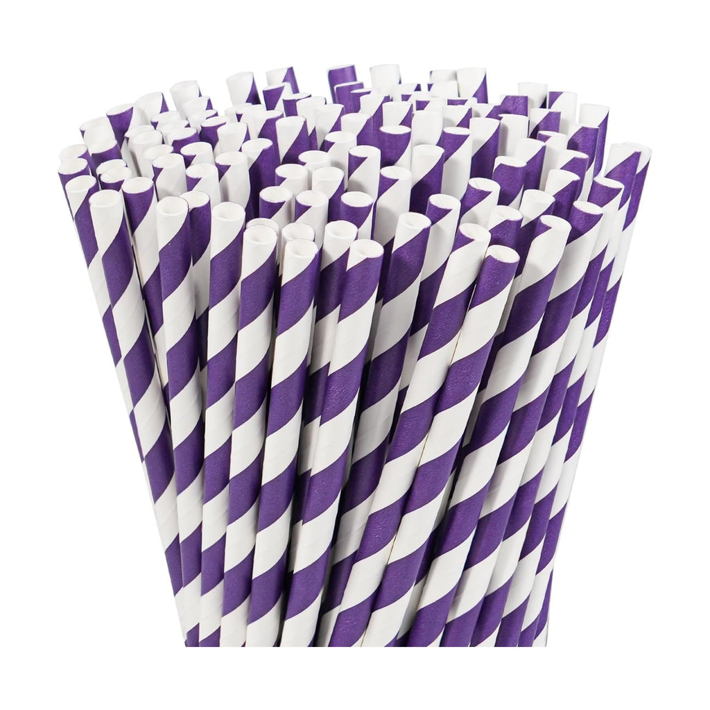 7.75" Purple Straws, Purple Striped Paper Drinking Straws, Party Straws 100