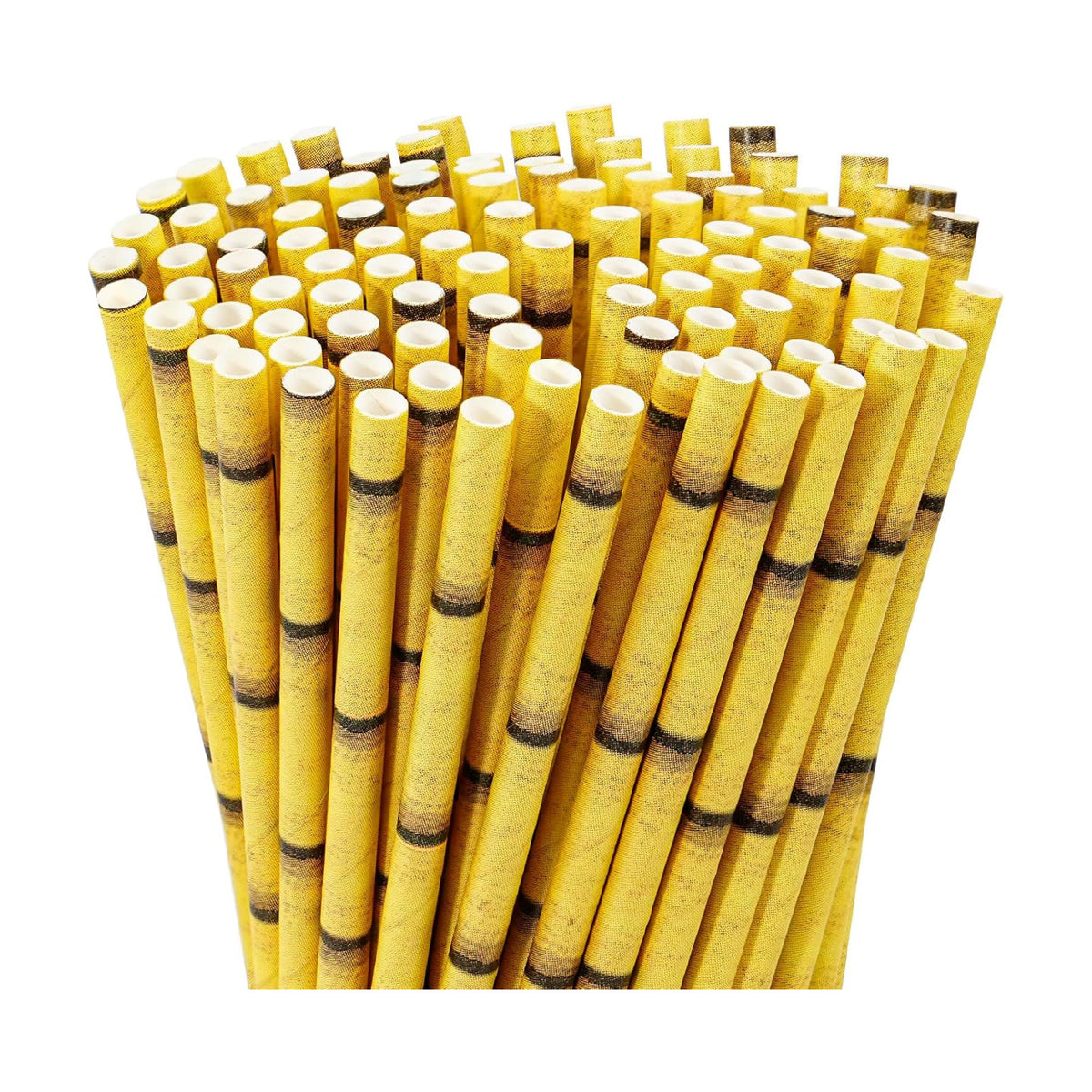 100 Count Yellow Bamboo Print Eco-friendly Paper Straws – 7.75 inch Disposable Straws for Drinking, Cocktails, Smoothie, Crafts, Picnics, Decorations