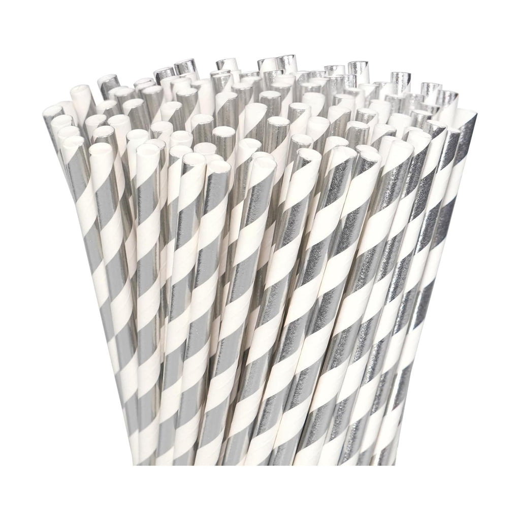 Silver and White Striped Paper Straws, 7.75 inch Disposable Drinking Straws for Cocktails, Brithday, Weddings - 100% Biodegradable & Compostable