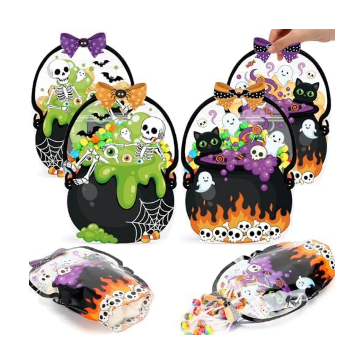 Fuutreo 24 Pcs Halloween Treat Bags with Handles, Skeleton Plastic, Clear