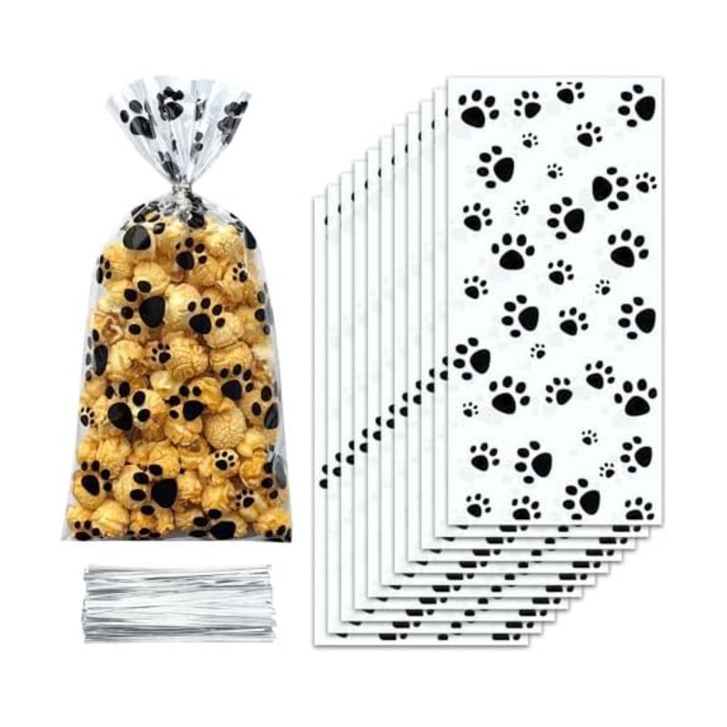 ZYLOP 100 Pcs Dog Treat Bags - 5 x 11 Inch Clear Cellophane Puppy Party Favor Bags with 110 Silver Twist Ties, Plastic Dog Paw Print Goodie Bags for Pet Birthday, Cat Treats, Candy & Cookies, Black