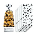 ZYLOP 100 Pcs Dog Treat Bags - 5 x 11 Inch Clear Cellophane Puppy Party Favor Bags with 110 Silver Twist Ties, Plastic Dog Paw Print Goodie Bags for Pet Birthday, Cat Treats, Candy & Cookies, Black