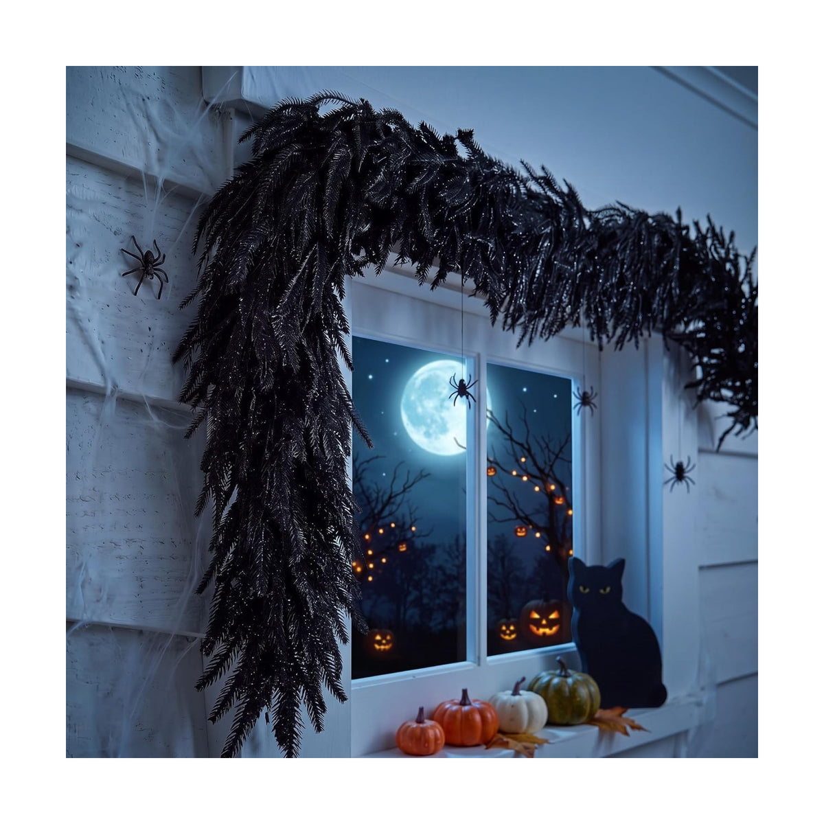 XunYee 6 ft Halloween Black Garland Artificial Norfolk Pine Garland Decor