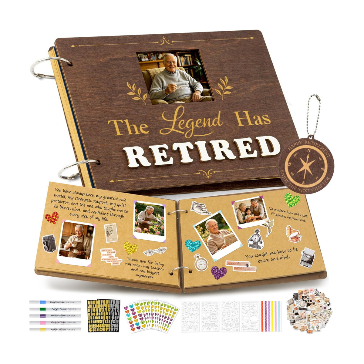 CY2SIDE Retirement Wooden Scrapbook Kit - 109PCS The Legend Has Retired Memory Book Gift for Men Women Coworker Teacher Parents, DIY Photo Book Keepsake Album for Retirement Party Farewell Celebration