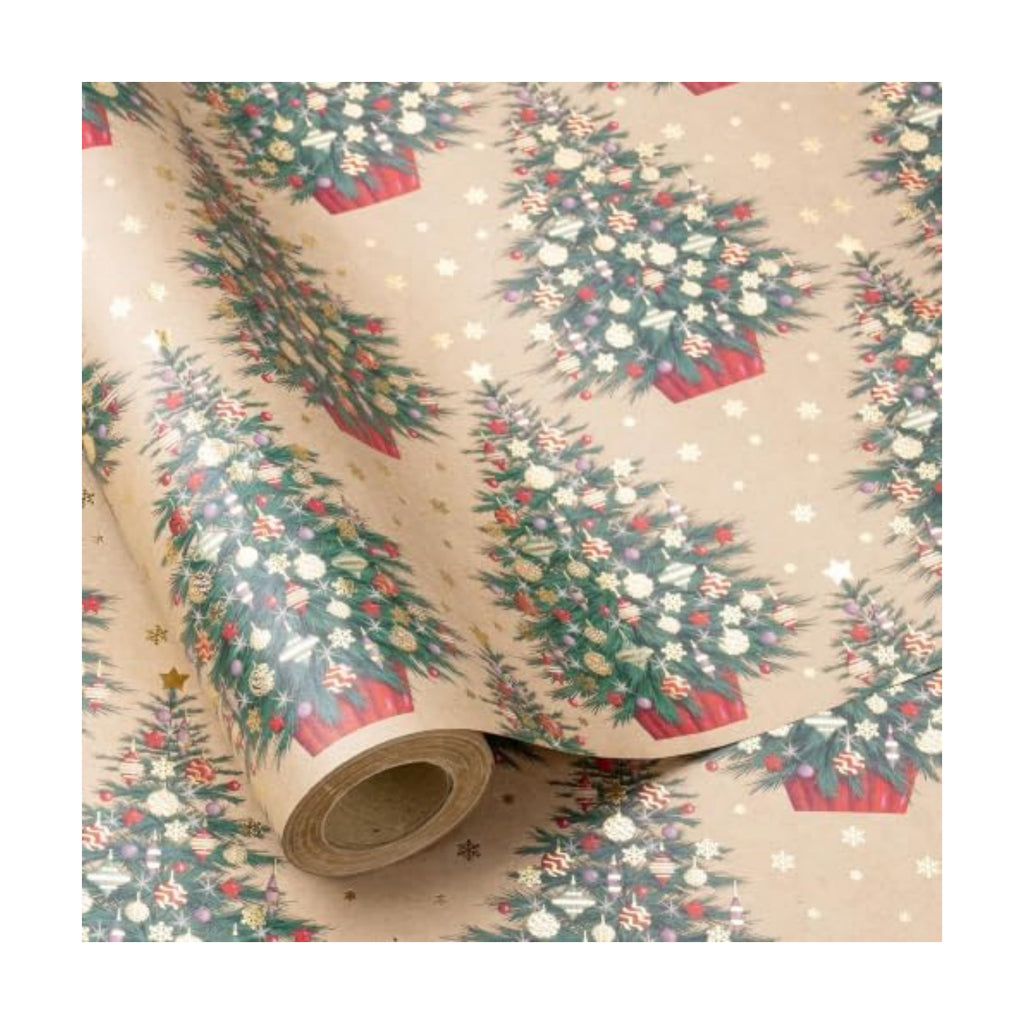 RUSPEPA 30" X 32.8' Kraft Christmas Wrapping Paper Large Paper Roll, Jumbo Roll, Gold Foil Elegant Christmas Tree with Ornament & Snowflake Design Kraft Gift Wrap for Xmas Gifts, Winter and Holidays