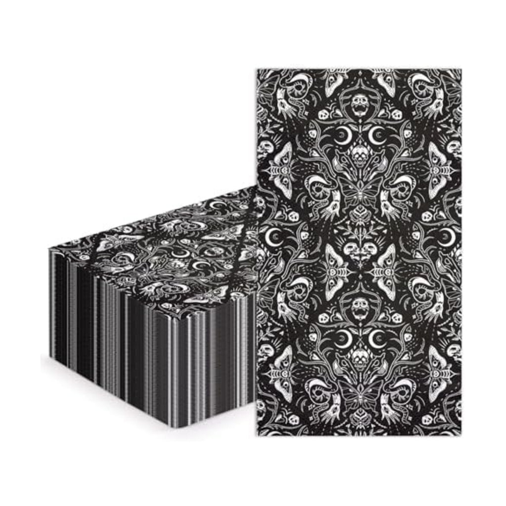 WRAPAHOLIC 50Pcs Gothic Halloween Paper Napkins - 3-Ply Black and White Skull Moth Gothic Guest Disposable Hand Towels for Bathroom, Halloween, Birthday, Holiday - 4.3 x 7.9 In