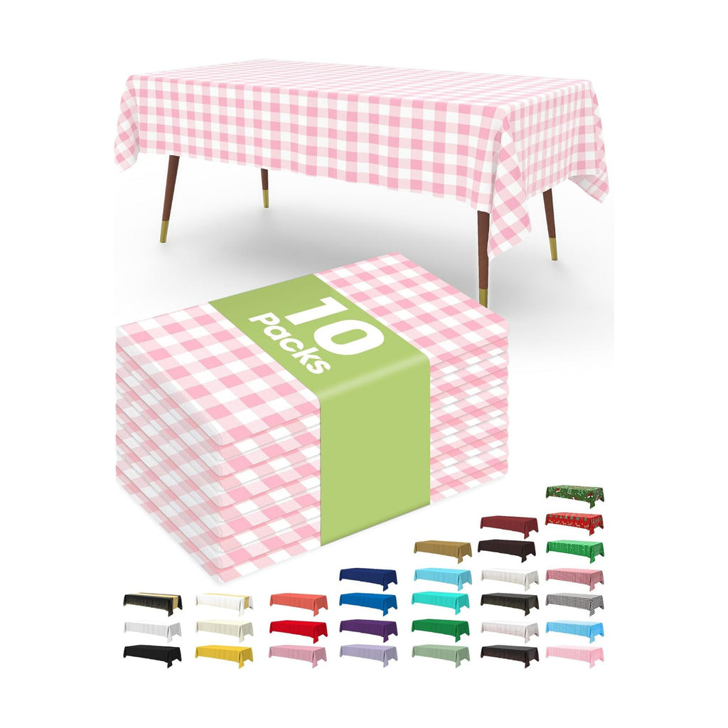 Pureegg Pink Plaid Plastic Table Cloth Disposable 10 Pack 54x108 Inch