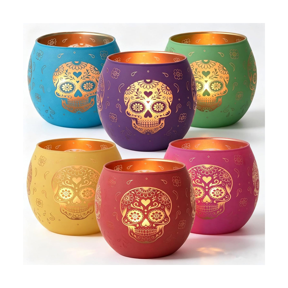 Day of Dead Skull Glass Votive Candle Holders for Indoor Halloween Decor