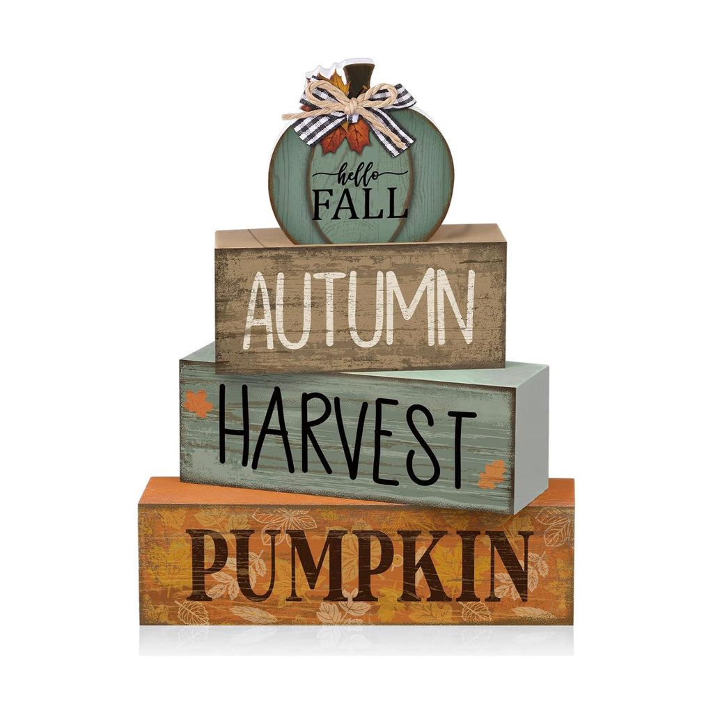 Lineshading 4 Pcs Fall Wood Block Signs Pumpkin Harvest Tiered Tray Decor
