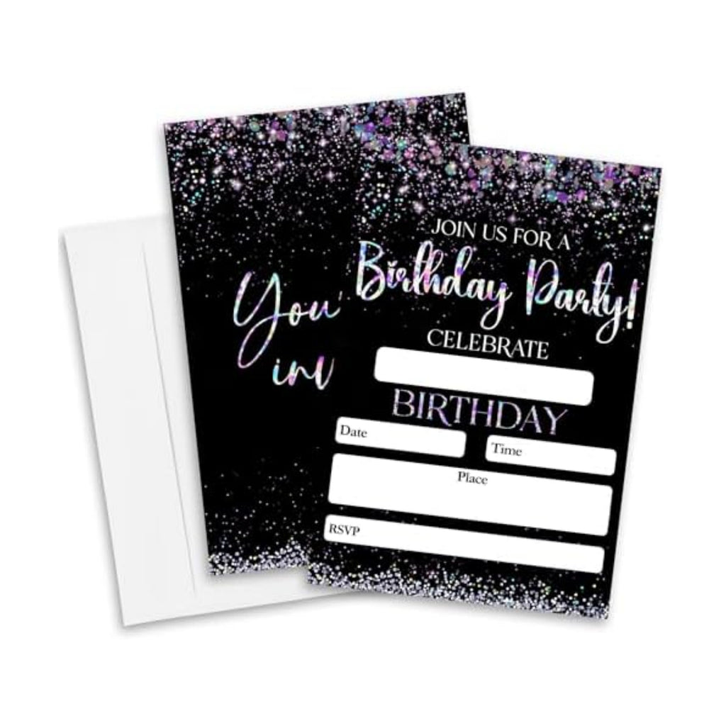 Glitter Birthday Party Invitations – 20Pcs Minimalist Black Glitter Design, 4" x 6" Fill-In Style Invites Cards with Envelopes – Birthday Party Decorations & Supplies for Boys Girl - A04