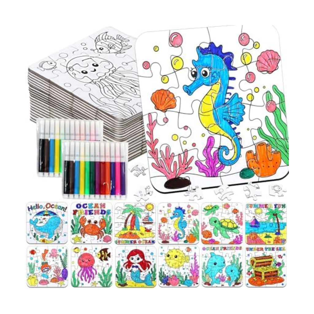 24 Set Summer Crafts for Kids Adults Bulk, Summer Activities DIY Puzzle with Ocean Mermaid Fish Starfish Animal, Camp Beach Arts Jigsaw Classroom Gifts, Under the Sea Theme Party Favors Coloring Games
