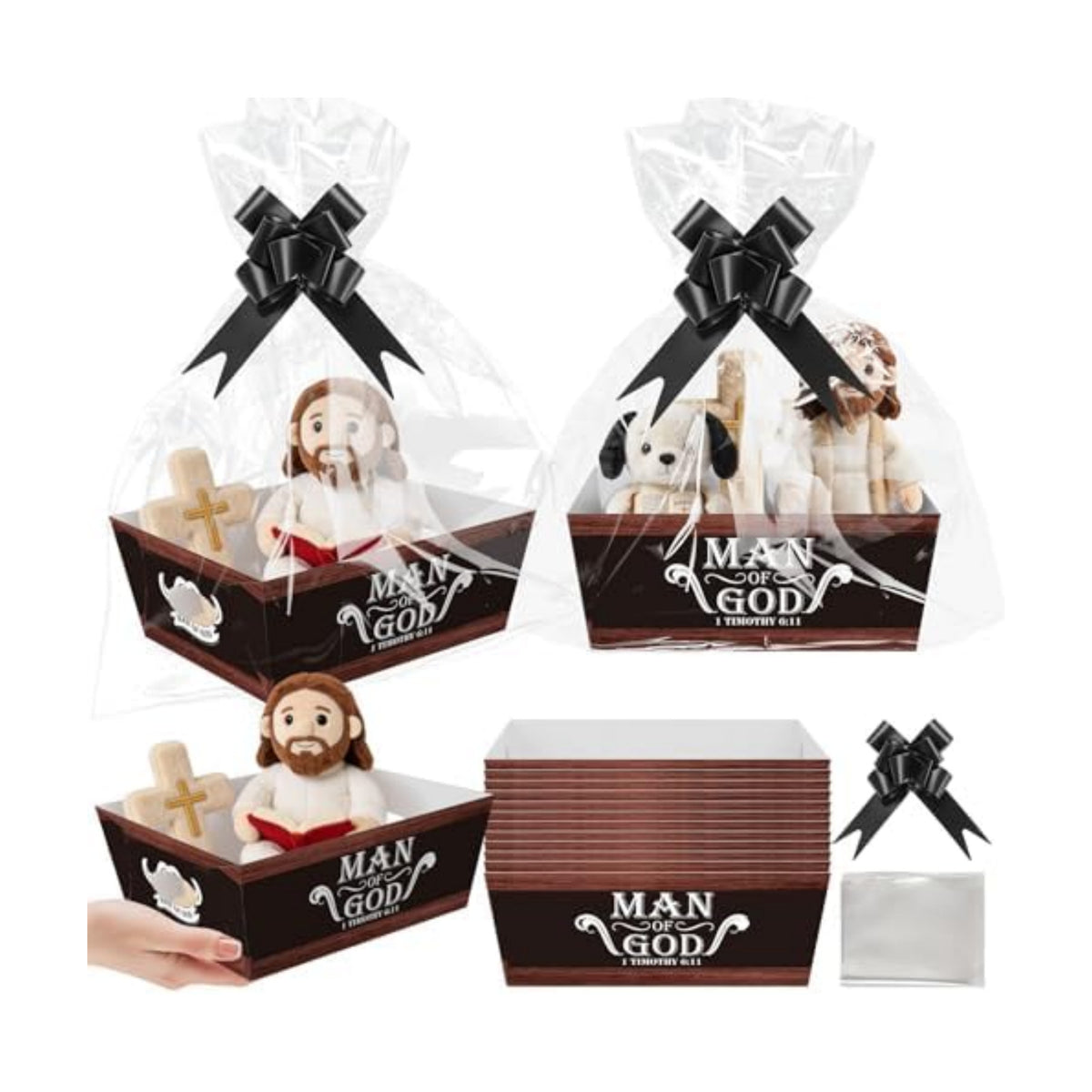 Cinrobiye 12 Pcs Grandparents Day Gifts for Grandpa, Christian Gift Basket Set with Man of God Bible Verse Trays, Clear Bags & Pull Bows, DIY Religious Gifts for Grandfather, Pastor, Church