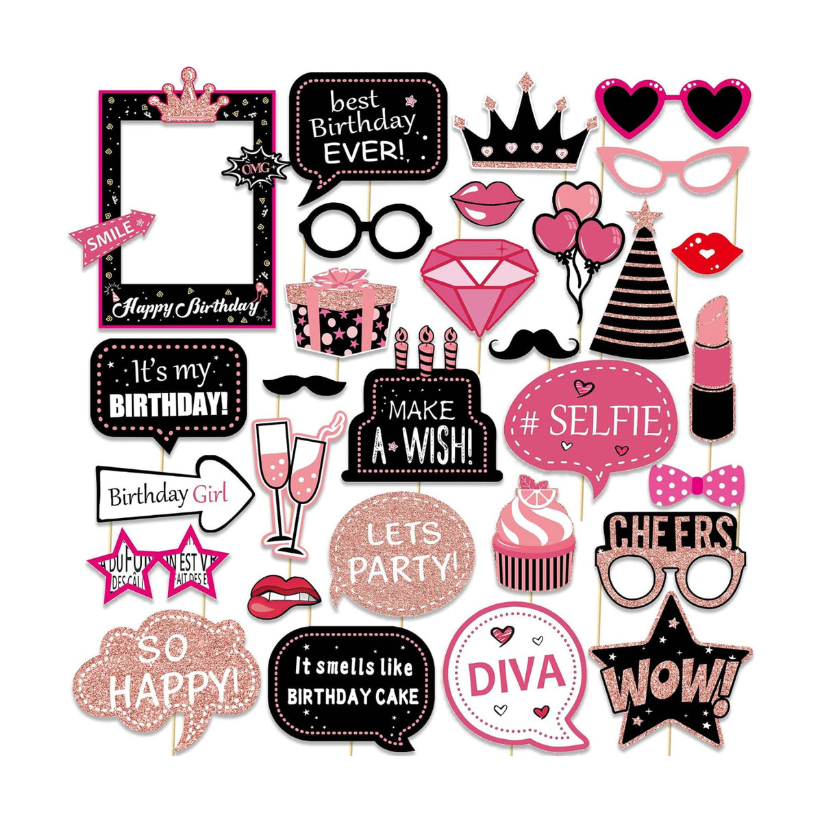 30 Pcs Hot Pink Birthday Photo Booth Props Kit for Girls, Happy Birthday Party Favors Supplies with Mini Frame Bday Party Decoration Set for Women Rose Gold Selfie Paper Party Supplies