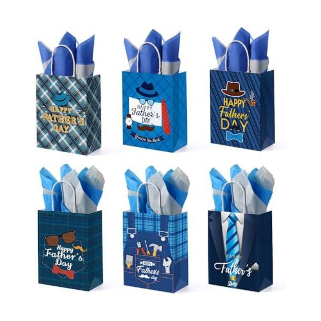 FCKLVMC 12 Pcs Fathers Day Gift Bags with Handle, Fathers Day Gift Bag with Decorative Paper for Men Father'S Day Birthday Party Decor Favor(8.27x6.3x3.15in)