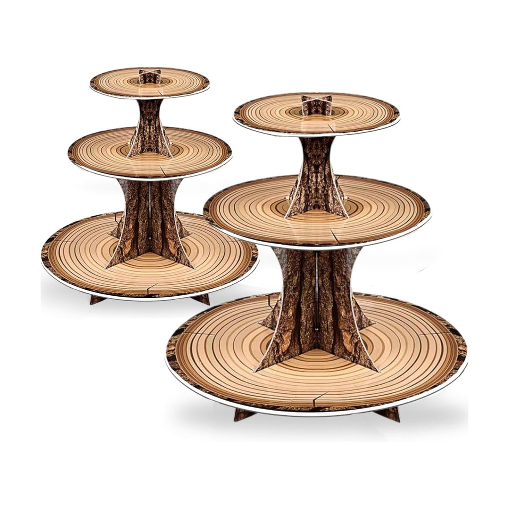 Rustic Woodland Cupcake Stand Set, 2 Pack 3-Tier Dessert Tower for Safari Birthday, Baby Shower, Camping & Woodland Party Decor