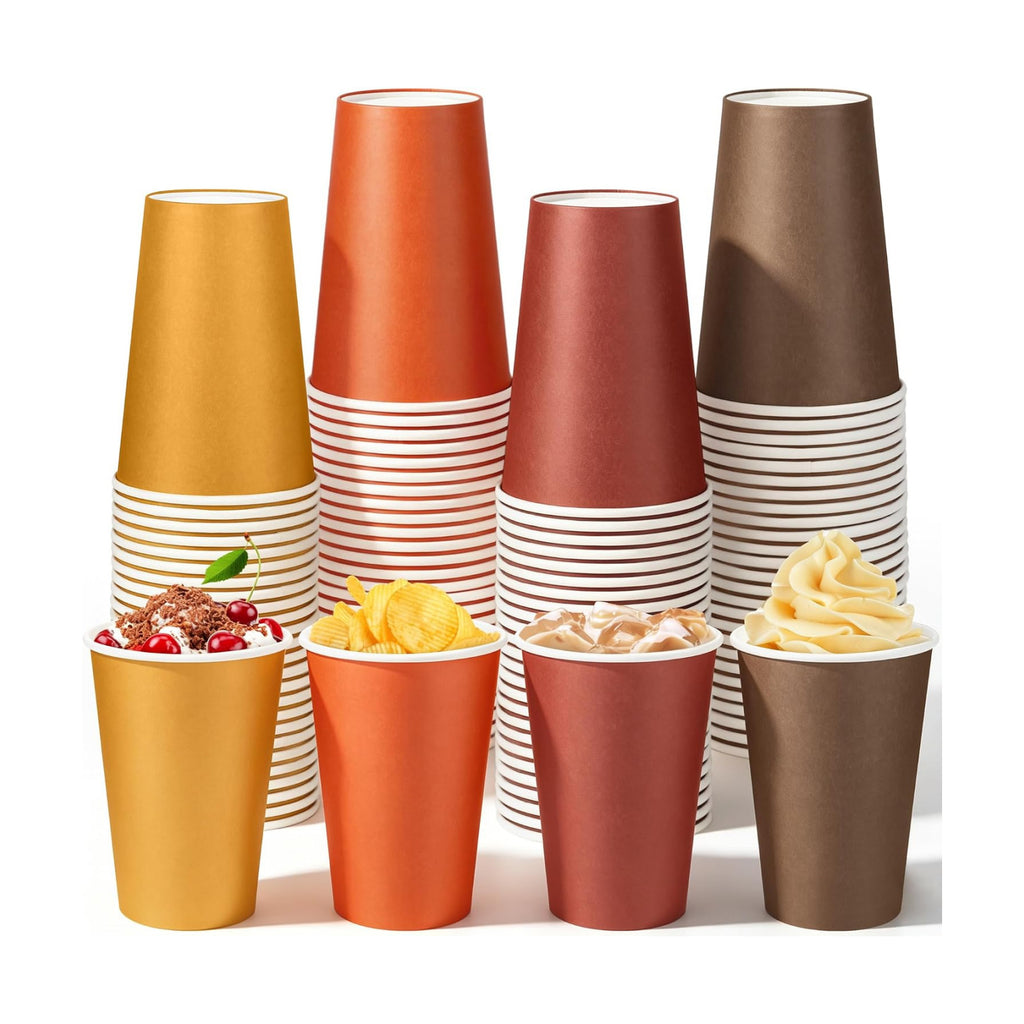 Kochorie 100 Pack 12 Ounce Disposable Fall Thanksgiving Paper Cups, Autumn Party Cups, Drinking Cups for Holiday Party Supplies DIY Crafts, 4 Colors