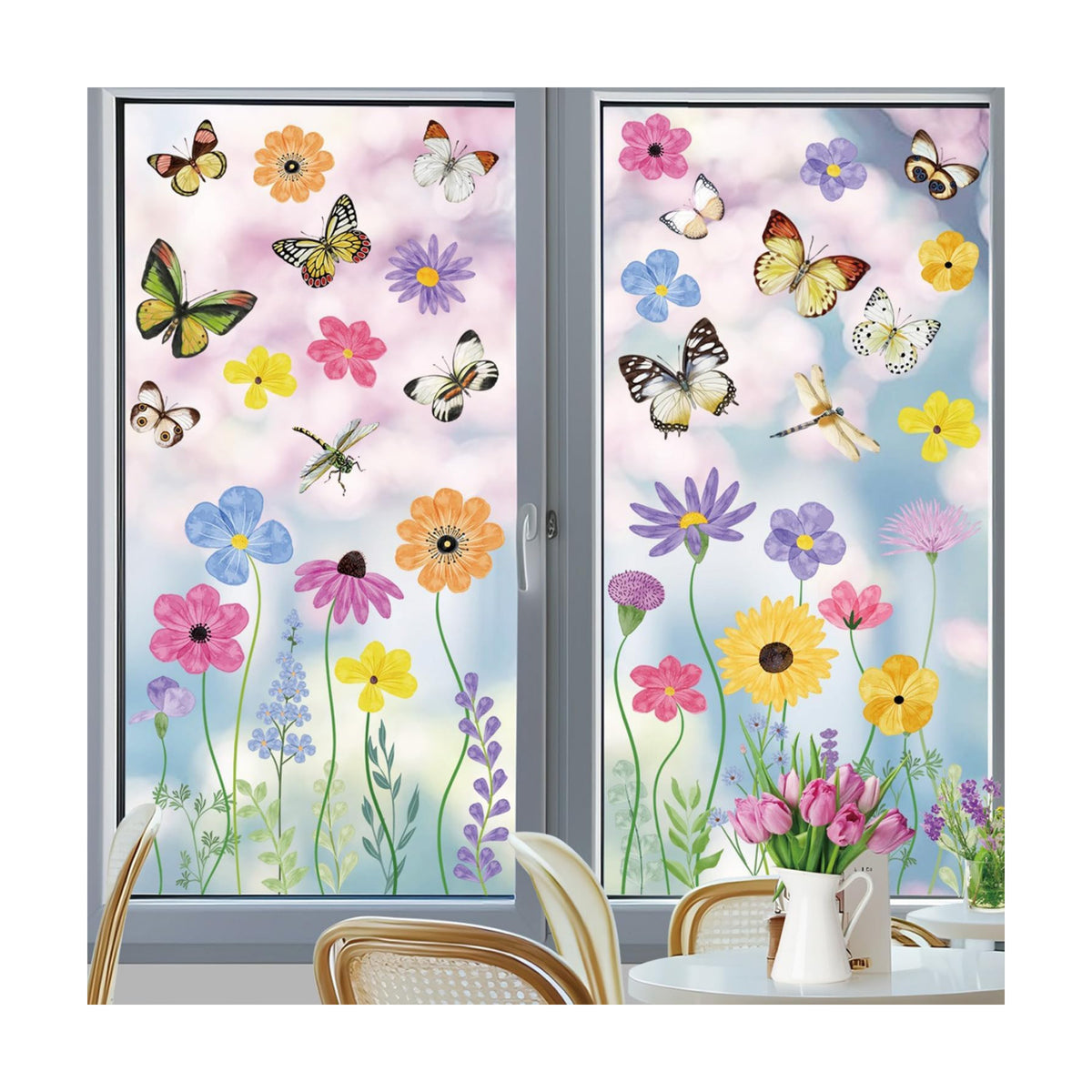 6 Sheets 67Pcs Summer Flower Butterfly Static Window Clings Reusable Double Sided Floral Window Decals for Glass Windows Doors Spring Home Decor for Kids Room Living Room Kitchen