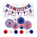 4th of July Patriotic Decorations Set Paper Fans Pom Poms Hanging Swirls USA & Pennant Banners Star Streamer Red White Blue Independence Memorial Day Veterans Day Party Decor Supplies